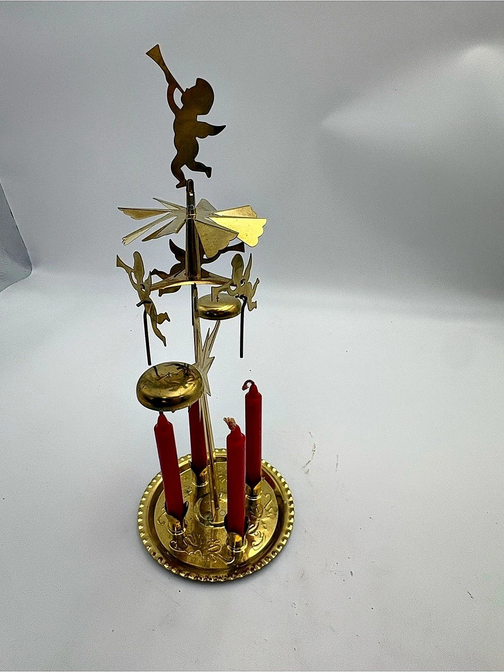 Vintage Swedish Angel Chimes Candle Holder Carousel, Gold & Red
